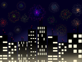 illustration of fireworks  above the tall buildings in the city at night  for the new year