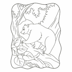 cartoon illustration a bear trying to climb a steep cliff in search of food on a cliff book or page for kids black and white