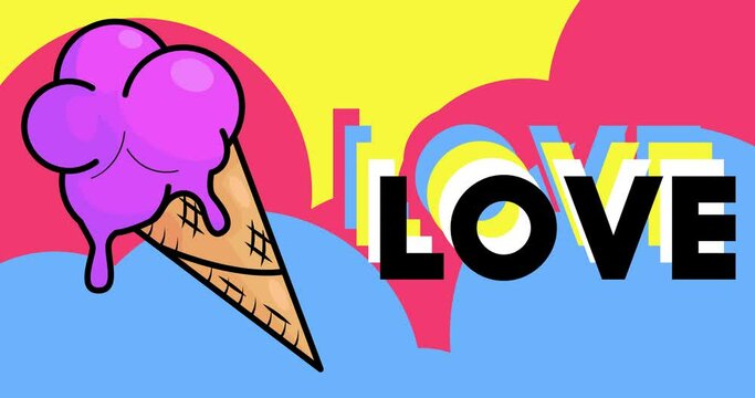 Ice Cream with Love text. Colorful animated summer sweet food cartoon. 4k resolution animation, moving image.