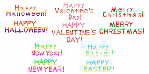 ポップでかわいい、カラフルなストライプの装飾をつけた、手描きアルファベットのイベント・祭事の文字のベクターイラスト素材のセット　５イベント