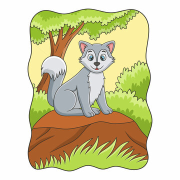 cartoon illustration a wolf sitting coolly on a cliff under a big tree to enjoy the morning air