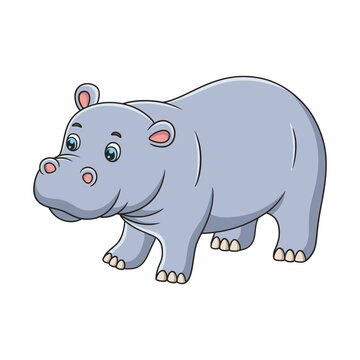 cartoon illustration a hippopotamus walking by the river in the middle of the forest