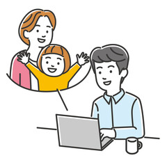 オンラインで妻と子供と会って喜ぶ夫