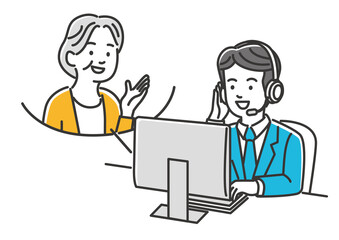 男性オペレーターに相談するシニア女性客