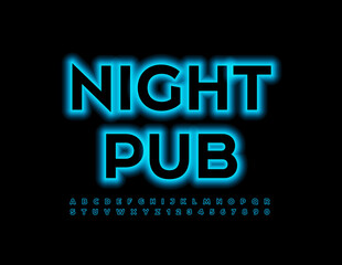 Vector neon Emblem Night Pub. Electric light Font. Glowing  Alphabet Letters and Numbers 