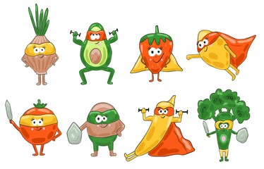 Set with funny fruits and vegetable super hero. Vector illustration in flat style