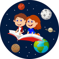 Cartoon happy kids flying on a book in outer space
