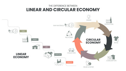 The vector infographic diagram of the difference between the circular economy and linear economy. Compare linear and circular infographics for presentations or banners for websites. Economy concepts. - obrazy, fototapety, plakaty