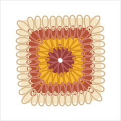 Vector isolated element. Knitted napkin. Openwork napkin. Crocheting. Handmade work. Knitting. Color image on a white background. The print is used for packaging design.