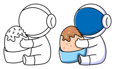cute astronaut eating cake coloring page for kids