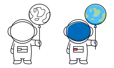 cute astronaut holding earth balloon coloring page for kids