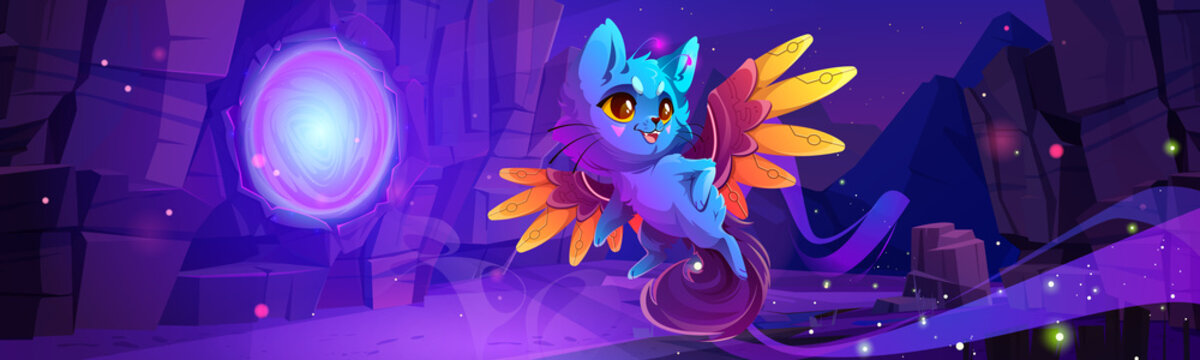 Fototapeta Superhero cat and fantastic portal at night. Vector cartoon illustration of alien world landscape with cute hero kitten with mechanical wings and rock with blue glow