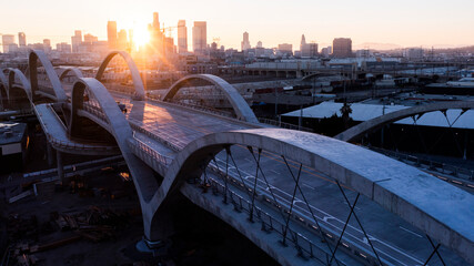 Twilight descends on the 6th Street Bridge as it passes through Downtown Los Angeles, California, USA.