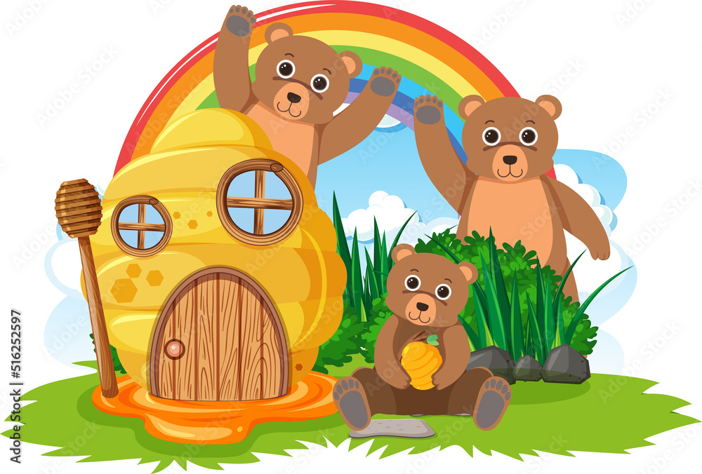 Sticker three bears with beehive house