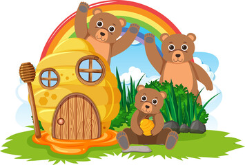 Three bears with beehive house