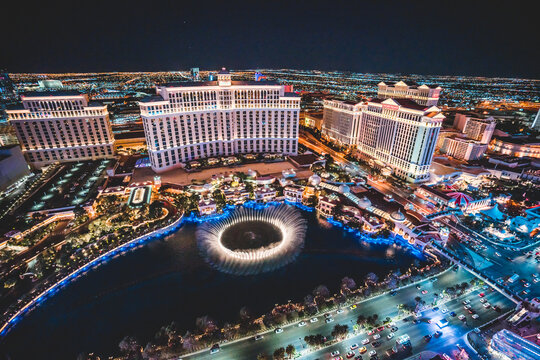 Las Vegas Ariel View At Night With Fountains Going