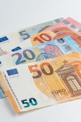 5, 10, 20, 50 euro banknotes. Money on white background