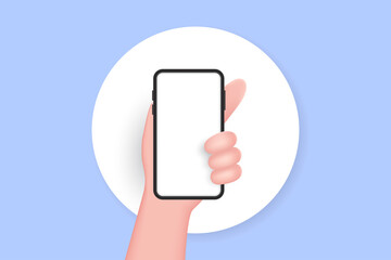 3D hand holding smartphone on white circle background. 3d vector illustration