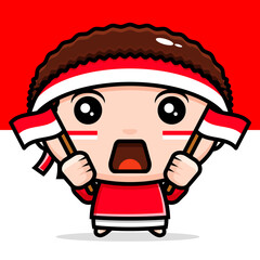 Indonesian boy mascot cute character holding Indonesian flag