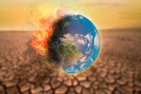 Climate change impact to the world, High temperature burn an earth globe by fire and turn to dust with drought on background. metaphor Heat wave and hot weather. Elements of this image furnished by NA