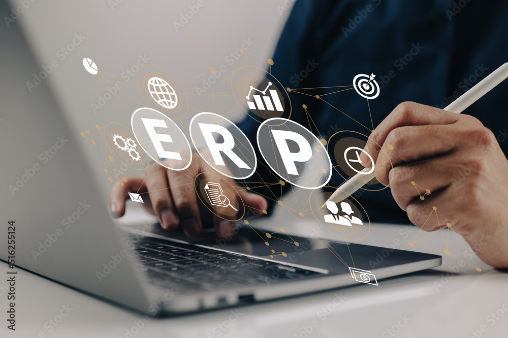 Poster erp (enterprise resource planning) design is examined by an it manager: erp, enterprise resource pla