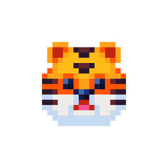 Tiger head. Pixel art icon. African, indian animal. Logo, sticker design. Isolated vector illustration.