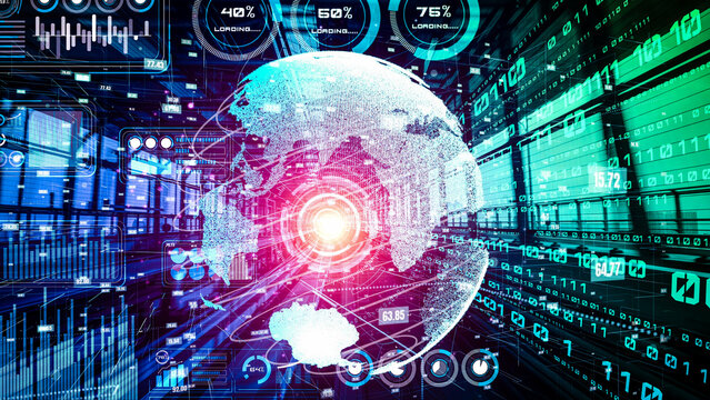Futuristic global network and tacit digital data transfer 3D graphic . Concept of smart digital transformation and technology disruption that changes global trends in new information era .