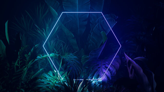 Tropical Leaves Illuminated with Green and Purple Fluorescent Light. Exotic Environment with Hexagon shaped Neon Frame.