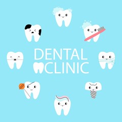 Cartoon Teeth frame. Tooth background. Dental poster, various healthy and with caries, cute tooth yellow and white enamel, toothbrush and toothpaste, dental floss, braces and denture. Vector character