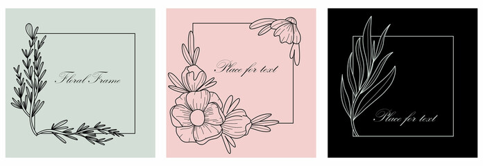 Botanical square frame. Hand drawn round line border, leaves and flowers, wedding invitation and cards, logo design and posters template. Elegant minimal style floral, vector isolated set