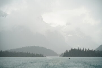 Maligne Lake, Jasper National Park, Alberta, Canada, on a Rainy Day - 516255934