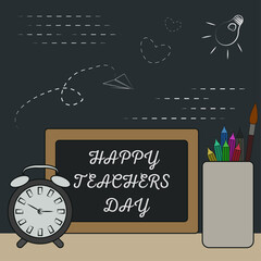 Happy teacher's day illustration in blackboard style on black background.