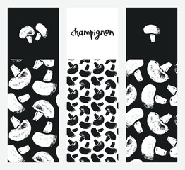 Vector champignon hand-drawn Illustrations. Black and white Mushrooms pattern seamless. Vegetarian cooking courses banner. Edible fungi wallpapers. Champignons label design. Mushroom soup ingredients.