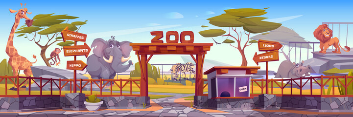 Fototapeta premium Zoo with cute african animals, entrance with wooden arch, fence and cashier booth. Vector cartoon landscape of zoological park with elephant, zebra, lion, giraffe, monkey and hippo