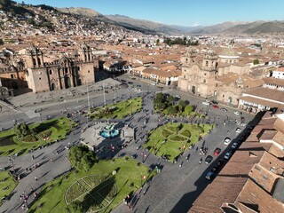 Aerial View of Cusco Peru with the historic downtown and Cathedral