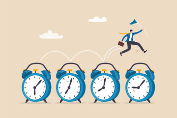 Time management, procrastination or work productivity, finish project within deadline, work efficiency or planning, fast pace project concept, businessman expert jumping on time passing alarm clock. - obrazy, fototapety, plakaty