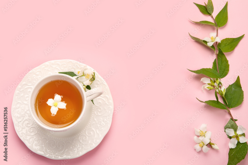 Sticker Jasmine tea on color background.