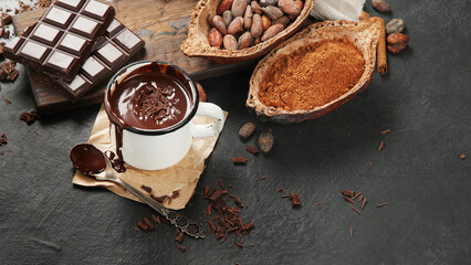Melted chocolate drink on dark background.