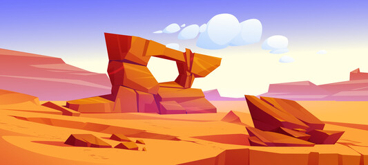 Arizona desert landscape, wild west background with golden sand dunes and stones under blue sky. Dry deserted nature with cracked yellow sandy surface and arch rocks, Cartoon vector illustration