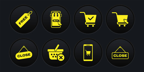 Set Hanging sign with Close, Shopping cart cursor, Remove shopping basket, Mobile and, check mark, and Price tag Free icon. Vector