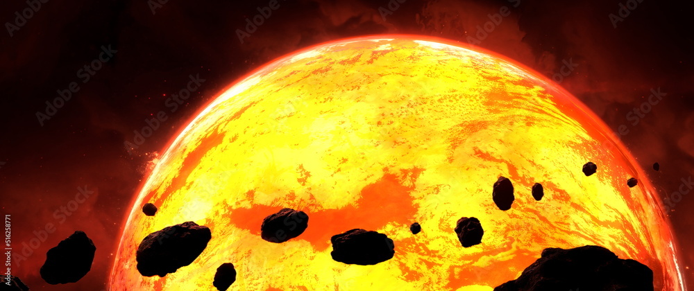 Wall mural asteroids flying in space fall on planet, belt of large metallic asteroids enters the planet atmosph
