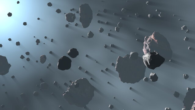Asteroids field flying in space, belt of large metallic Asteroids. Rocks and debris swarm flying through space, cosmic background. 3d render