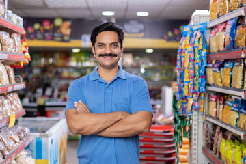 Man at grocery store products