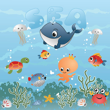 Cute Animal In The Depths Of Blue Ocean Vector