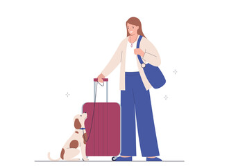 Concept of traveling with pets. Young woman with suitcase, dog next to her.