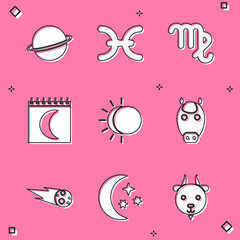 Set Planet Saturn, Pisces zodiac, Virgo, Moon phases calendar, Eclipse of the sun, Horse, Comet falling down fast and and stars icon. Vector