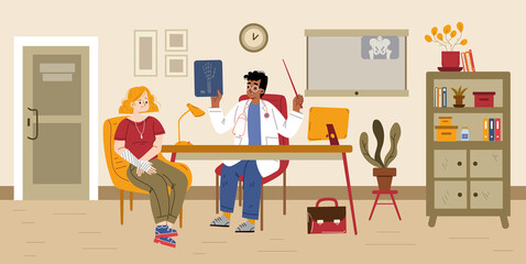 Injured female patient with broken arm at doctor medical appointment. Traumatologist presenting xray picture with hand fracture to woman in hospital, healthcare concept Linear flat vector illustration