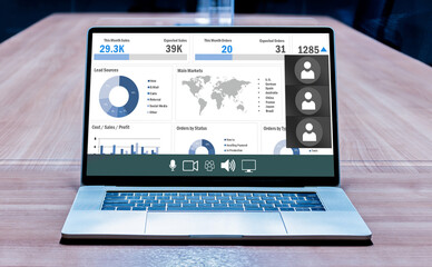 Online meeting presentation on display laptop in meeting room