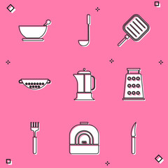 Set Mortar and pestle, Kitchen ladle, Frying pan, colander, French press, Grater, Fork and Oven icon. Vector