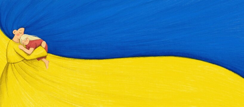 Mother hugs daughter. Ukrainian flag colors. Stop war, Protect children refugees concept. Hand drawn illustration for banner, advertising, announcement, social media. High quality
